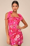 Lulus Emphatically Adorable Hot Pink Floral Tie-strap Mini Dress In Hot Pink