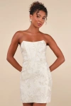 Lulus Enchanting Bombshell Cream Floral Jacquard Strapless Mini Dress In White
