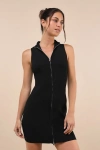 Lulus Enchanting Edge Black Ribbed Sleeveless Zip-front Mini Dress In Black