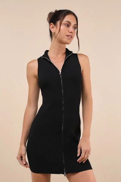 Lulus Enchanting Edge Black Ribbed Sleeveless Zip-front Mini Dress