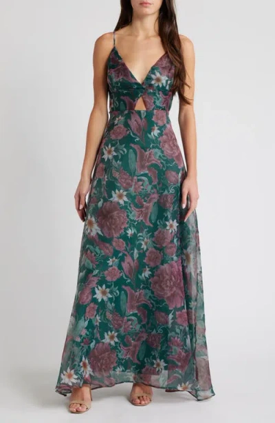 Lulus Enchanting Entrance Green Floral Organza Keyhole Maxi Dress