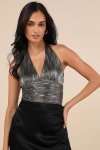 Lulus Enchanting Moves Gunmetal Silver Lurex Halter Crop Top In Silver