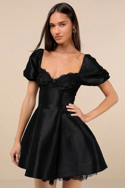 Lulus Enchanting Presence Black Taffeta Lace Puff Sleeve Mini Dress