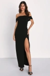 Lulus Enchanting Romantic Black Off-the-shoulder Maxi Dress In Black