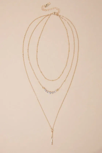 Lulus Enchanting Sparkle Gold Rhinestone Lariat Layered Necklace