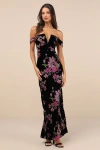Lulus Enchanting You Black Burnout Velvet Off-the-shoulder Maxi Dress In Black