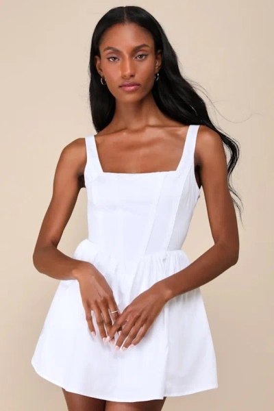 Lulus Endearing Energy White Poplin Square Neck Bustier Skort Romper