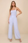 LULUS ENDEARING IMPRESSION BLUE AND WHITE STRIPED LACE-UP JUMPSUIT