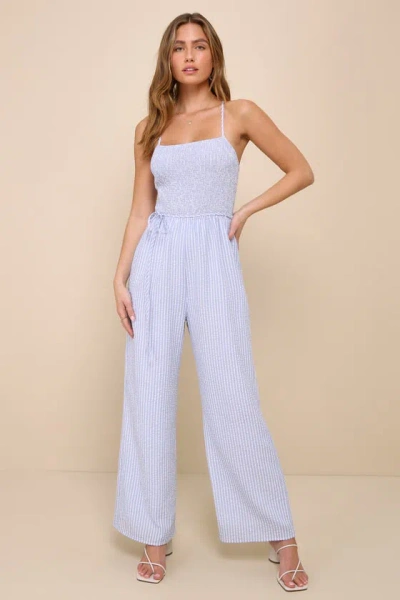 Lulus Endearing Impression Blue And White Striped Lace-up Jumpsuit