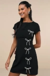 Lulus Endearing Sparkle Black Rhinestone Bow Mini Dress In Black