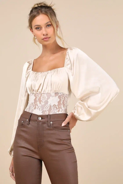 Lulus Endless Aura Cream Satin Balloon Sleeve Sheer Lace Bodysuit In White