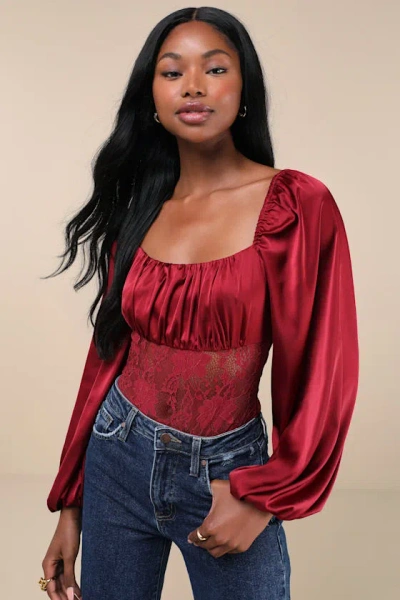 Lulus Endless Aura Wine Red Satin Balloon Sleeve Sheer Lace Bodysuit