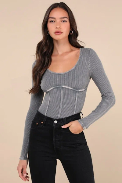 Lulus Endless Cuteness Washed Grey Ribbed Seamed Long Sleeve Top
