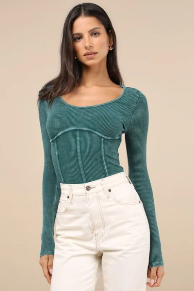 Lulus Endless Cuteness Washed Teal Ribbed Seamed Long Sleeve Top