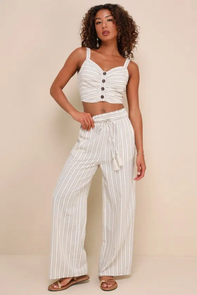 Lulus Endless Leisure Beige Multi Striped Smocked Waist Wide-leg Pants