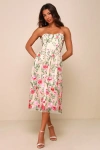 Lulus Endless Praise Beige Floral Embroidered Strapless Midi Dress In Beige