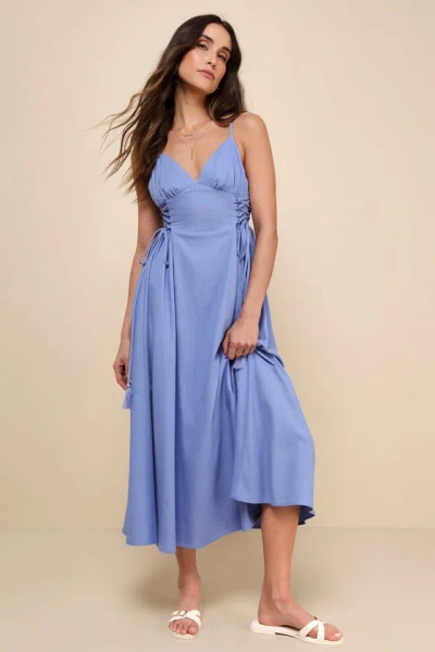 Lulus Endlessly Breezy Periwinkle Linen Smocked Lace-up Midi Dress In Blue