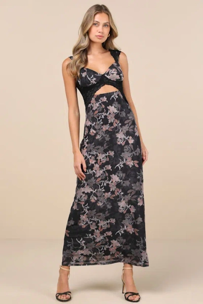 Lulus Endlessly Cute Black Floral Mesh Cutout Lace Bustier Maxi Dress