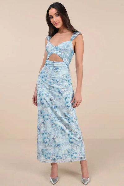 Lulus Endlessly Cute Blue Floral Mesh Cutout Lace Bustier Maxi Dress