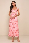 Lulus Endlessly Cute Pink Floral Mesh Cutout Lace Bustier Maxi Dress In Pink