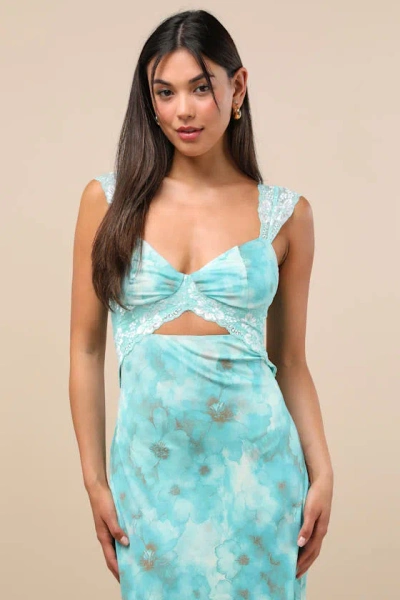 Lulus Endlessly Cute Teal Floral Mesh Cutout Lace Bustier Maxi Dress