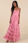 Lulus Endlessly Darling Dusty Rose Mesh Tiered Tie-strap Maxi Dress In Dusty Rose