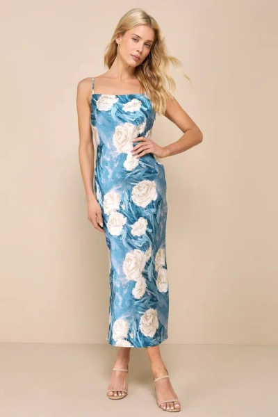 Lulus Endlessly Effortless Blue Floral Abstract Satin Slip Midi Dress