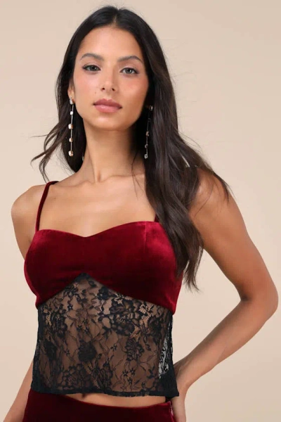Lulus Endlessly Iconic Burgundy And Black Velvet Lace Cami Top