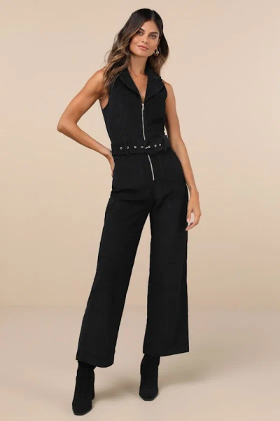 Lulus Energetic Appeal Black Corduroy Sleeveless Belted Jumpsuit