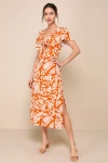 Lulus Energetic Charm Rust Orange Abstract Tie-front Midi Dress In Rust Orange
