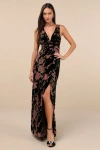 Lulus Enhanced Aura Black Floral Burnout Velvet Cowl-back Maxi Dress In Black