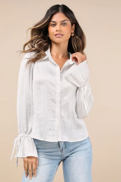 Lulus Enhanced Charm Ivory Plisse Crinkled Tie-cuff Button-up Top