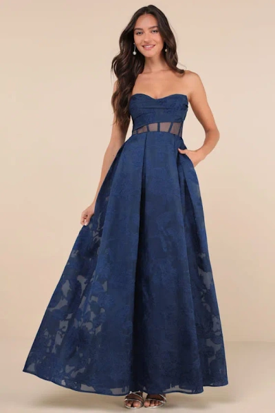 Lulus Enhanced Elegance Navy Jacquard Strapless Dress With Pockets