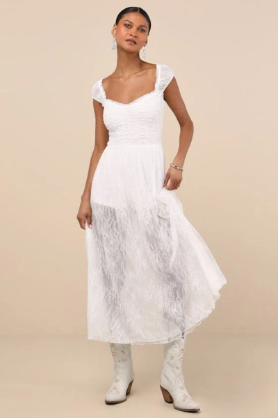 Lulus Enisa White Sheer Lace Cap Sleeve Midi Dress