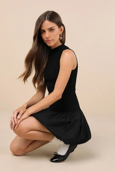 Lulus Ensured Elevation Black Ribbed Mock Neck Bubble-hem Mini Dress