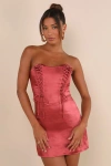 Lulus Enticing Aesthetic Rusty Rose Satin Lace-up Strapless Mini Dress In Pink