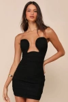Lulus Enticing Always Black Mesh Strapless Cutout U-bar Mini Dress In Black