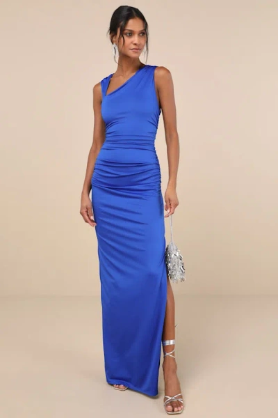 Lulus Enticing Darling Royal Blue Asymmetrical Ruched Maxi Dress