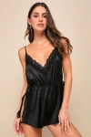 Lulus Enticing Fantasy Black Satin Lace Tie-side Lingerie Romper In Black