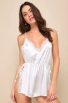 Lulus Enticing Fantasy Ivory Satin Lace Tie-side Lingerie Romper In Ivory