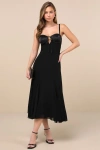 Lulus Enticing Invite Black Pleated Midi Dress In Black