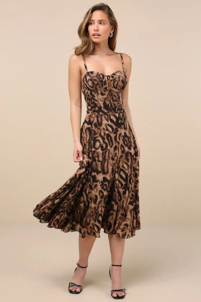 Lulus Enticing Invite Brown Leopard Print Pleated Midi Dress