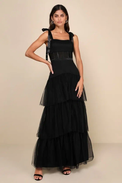 Lulus Enticing Mystique Black Tulle Tie-strap Tiered Maxi Dress