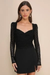 Lulus Enticing Presence Black Lace Ruched Backless Long Sleeve Top In Black