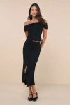 Lulus Enticingly Chic Black Off-the-shoulder Two-piece Midi Dress In Black