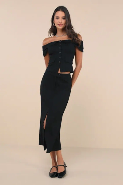 Lulus Enticingly Chic Black Off-the-shoulder Two-piece Midi Dress