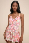 Lulus Enticingly Lovely Pink Multi Floral Pleated Backless Romper In Pink