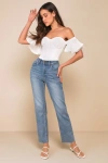 Lulus Enviable Aura Medium Wash High-rise Raw Hem Straight Leg Jeans In Blue