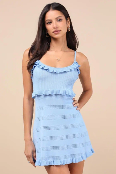 Lulus Enviable Light Blue Pointelle Knit Ruffled Mini Dress