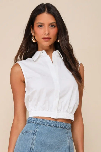 Lulus Enviable Look White Collared Sleeveless Cropped Button-front Top